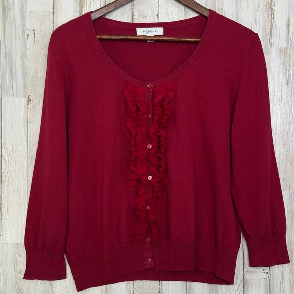 Merona Ruffled Cardigan Sweater XL Dark Red Party Holiday Cottagecore VGUC - Picture 1 of 8